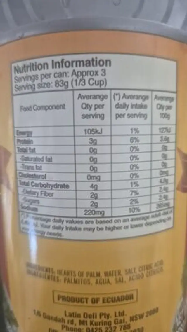 Palmitos nutrition facts table