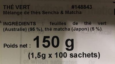 Green Sencha & Matcha Tea ingredients label