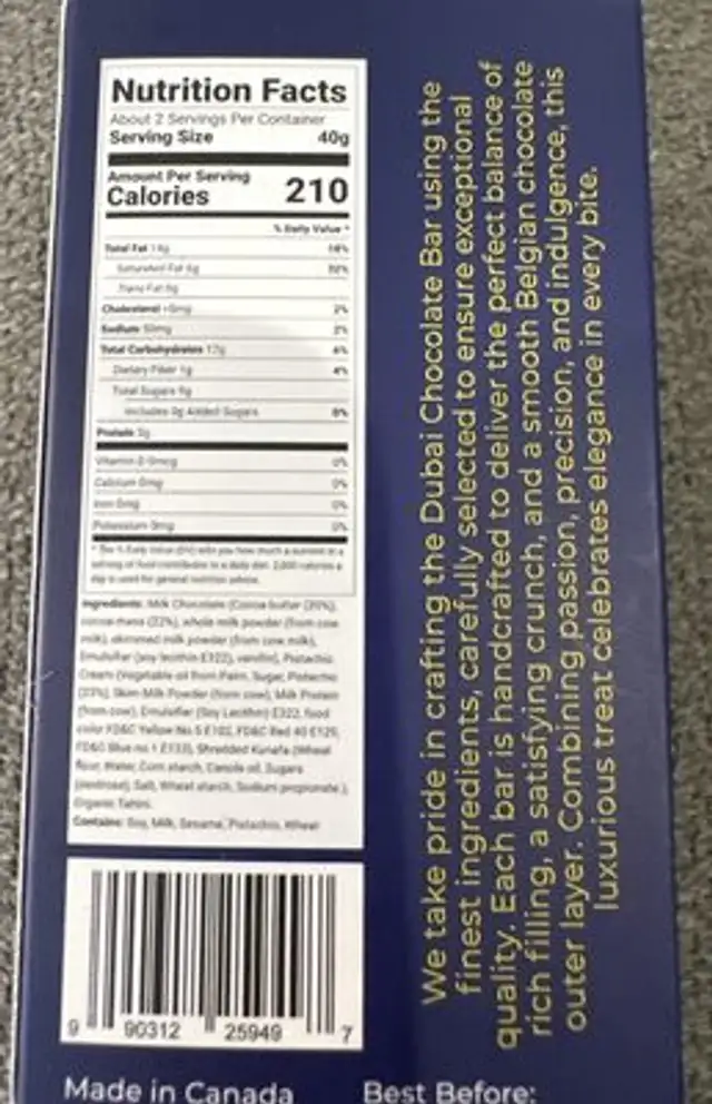 Dubai Chocolate Bar nutrition facts table