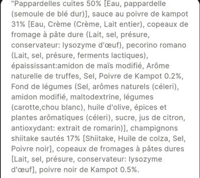 Pappardelle cacio e pepe au poivre de Kampot ingredients label