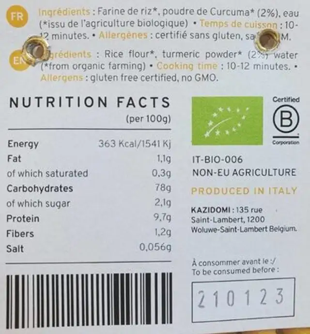 Gnocchetti de Riz et Curcuma Bio nutrition facts table