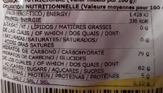 Corazón melocotón nutrition facts table