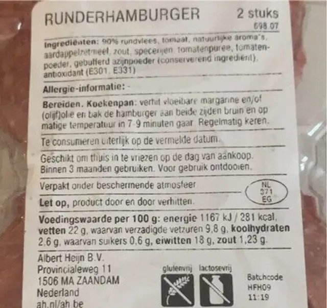 Runderhamburger nutrition facts table