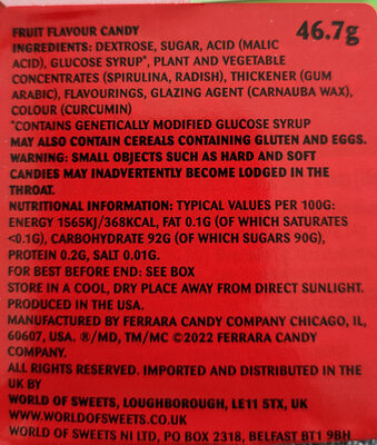 Watermelon and Cherry Nerds nutrition facts table