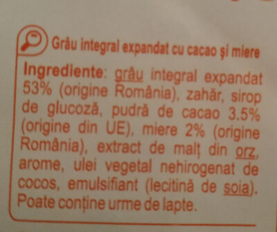 Grâu integral expandat cu cacao și miere ingredients label