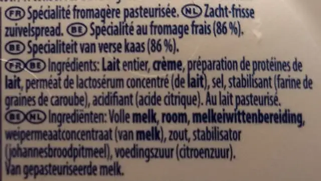 Original Philadelphia ingredients label