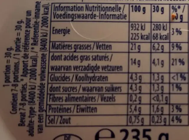Original Philadelphia nutrition facts table