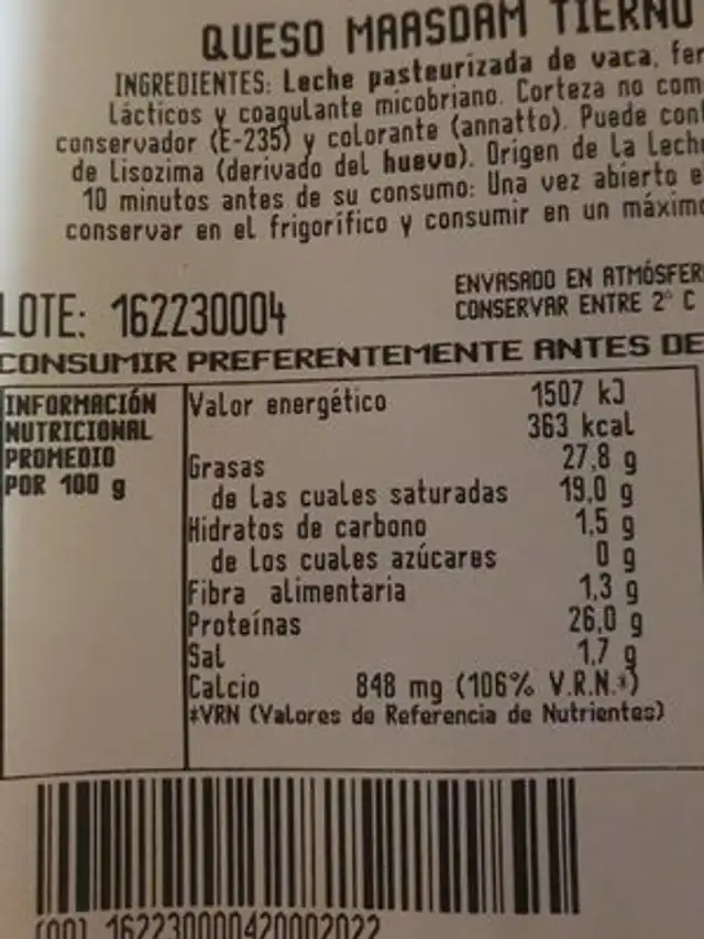 queso maasdam tierno nutrition facts table