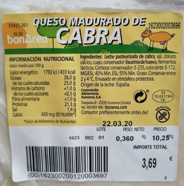 Queso madurado de cabra nutrition facts table