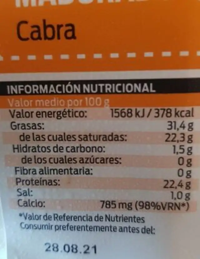 Queso madurado de cabra nutrition facts table