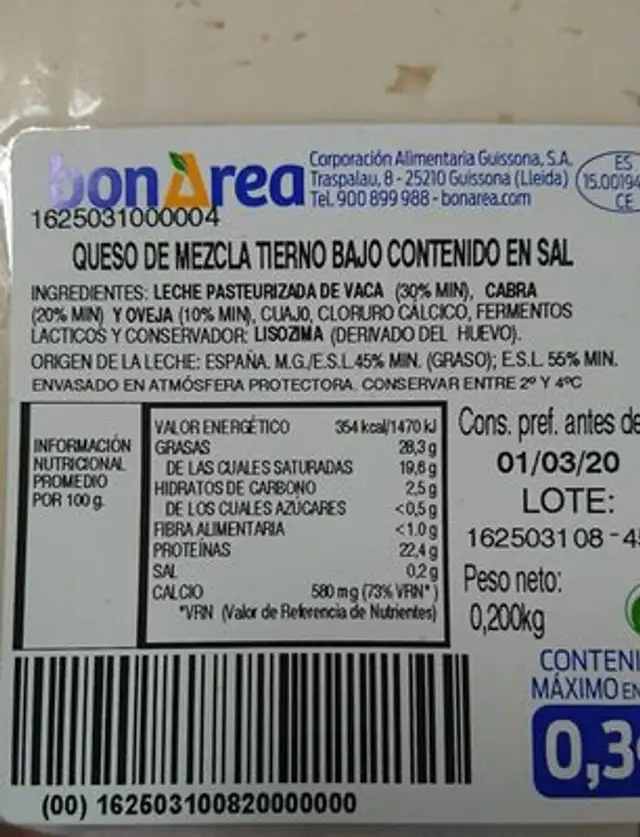 Queso mezcla tierno bajo contenido en sal nutrition facts table