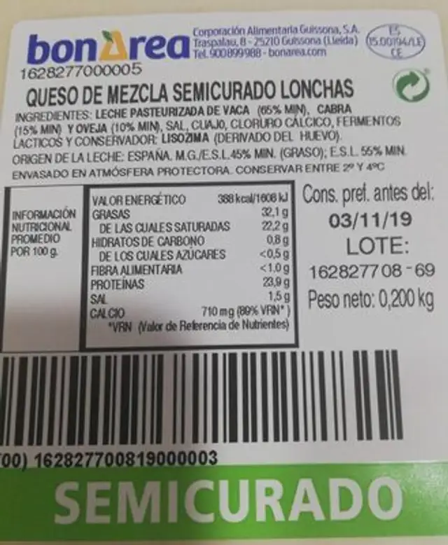 Queso de mezcla semicurado lonchas nutrition facts table