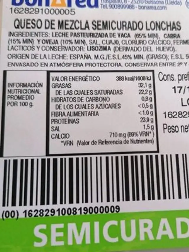 Queso de mezla semicurado lonchas nutrition facts table