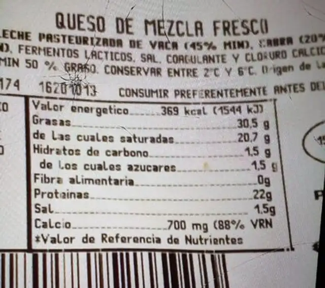 Queso de mezcla fresco nutrition facts table