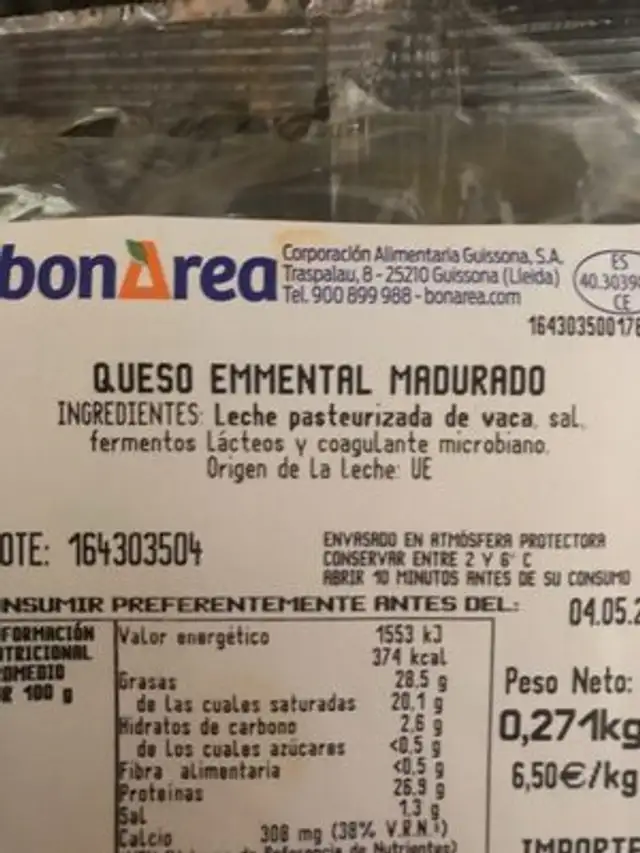 Queso emmental madurado nutrition facts table