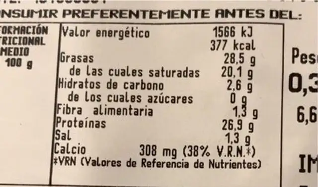 Queso emmental madurado nutrition facts table