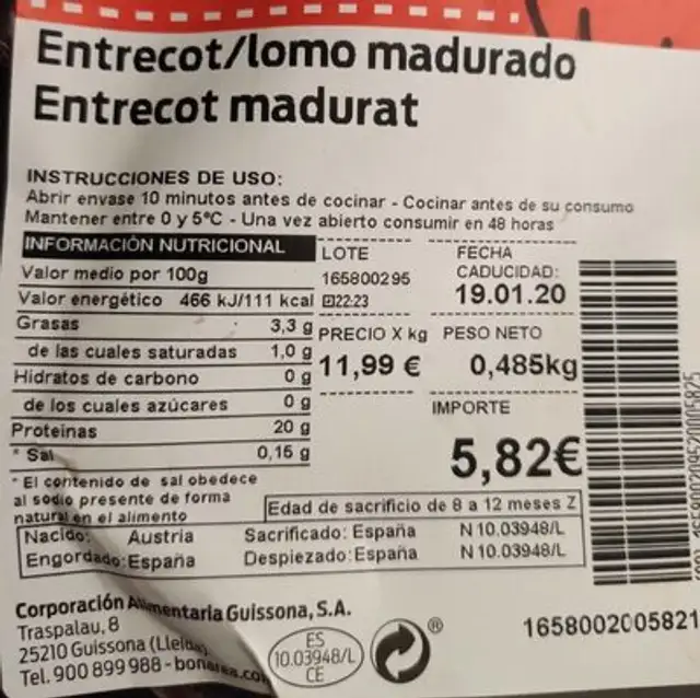 Entrecot/lomo madurado nutrition facts table