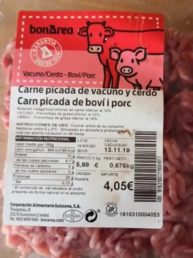 Carne picada de vacuno y cerdo nutrition facts table