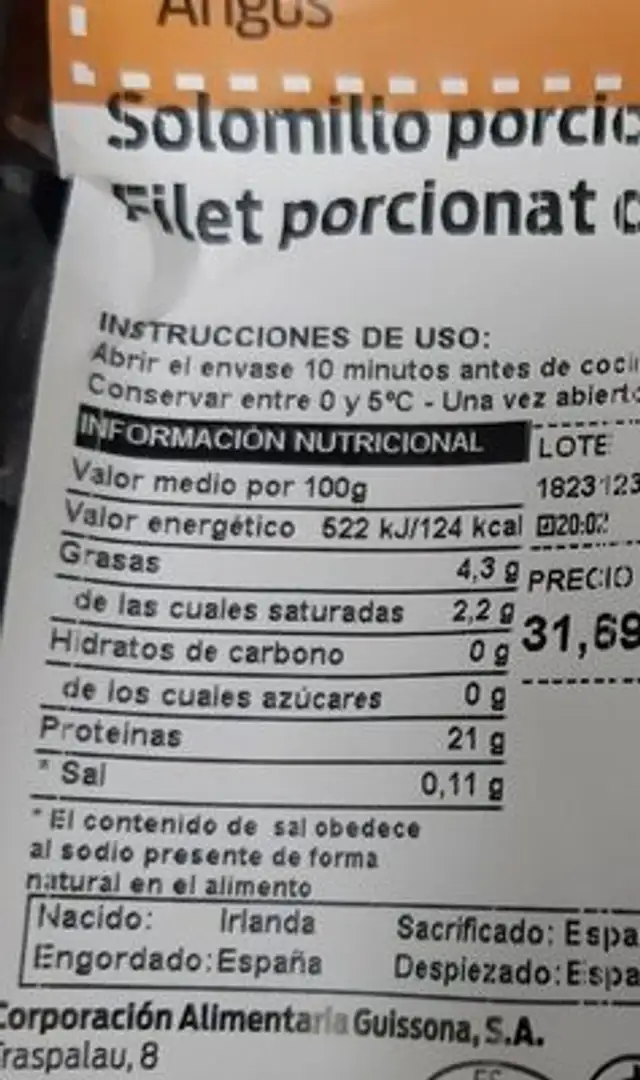 Solomillo porcionado nutrition facts table