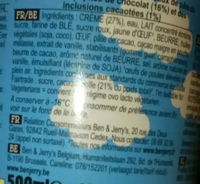Cookie Dough ingredients label
