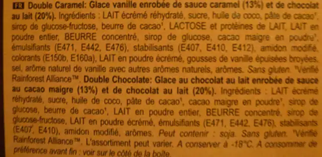 Magnum Mini Double Caramel et Mini Double Chocolat ingredients label