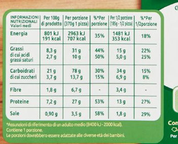 Pizza ricca verdure grigliate surgelata nutrition facts table