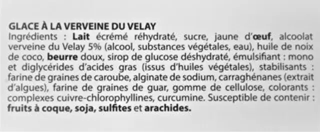 Glace à la VERVEINE DU VELAY ingredients label