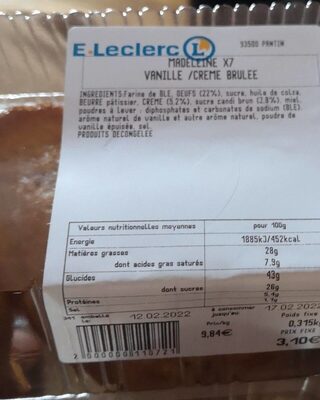 Madeleine vanille crème brûlée front packaging