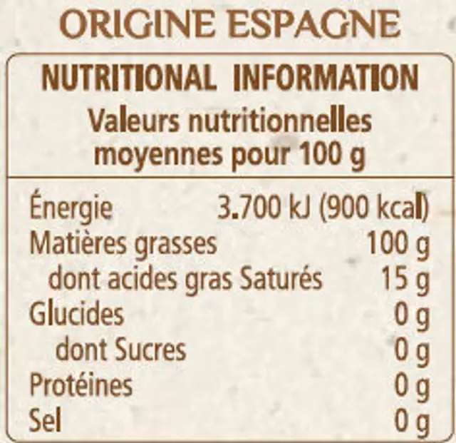 Huile d'Olive Vierge Extra Bio Urzante ingredients label