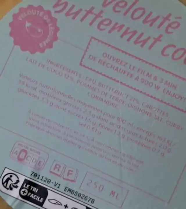 Velouté de Butternut et Coco ingredients label