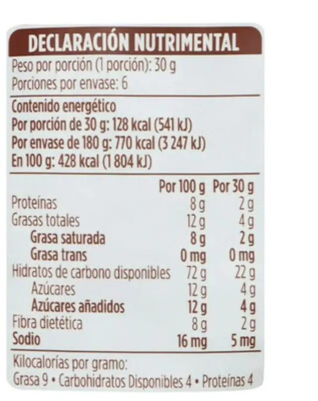 Granola Berry Nuts con cobertura sabor chocolate nutrition facts table