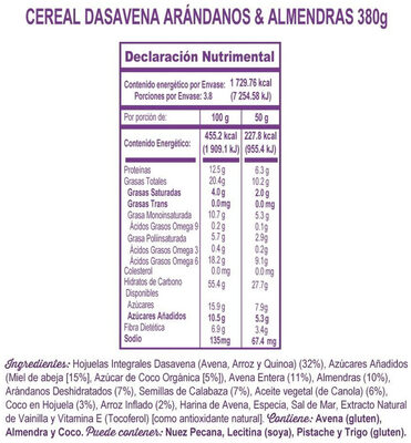 Cereal Dasavena artesanal arándanos y almendras