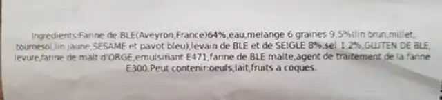 Baguette Millavoise 6 céréales ingredients label