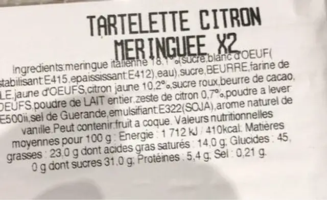 Tartelette citron meringuee nutrition facts table
