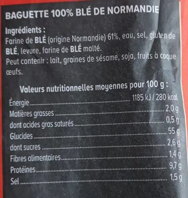 Baguette U Normandie nutrition facts table