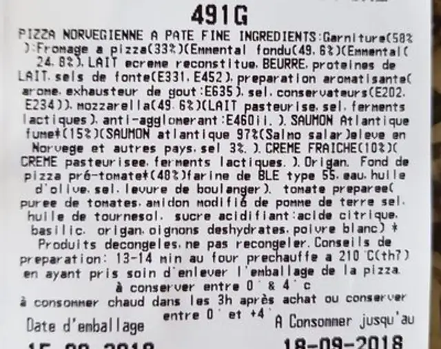 Pizza Norvégienne pâte fine ingredients label