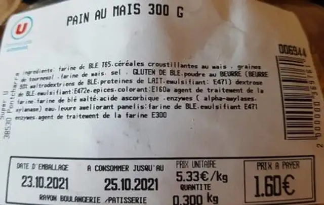 Pain au mais nutrition facts table