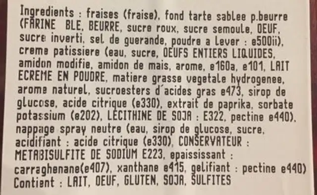 Tarte aux fraises ingredients label