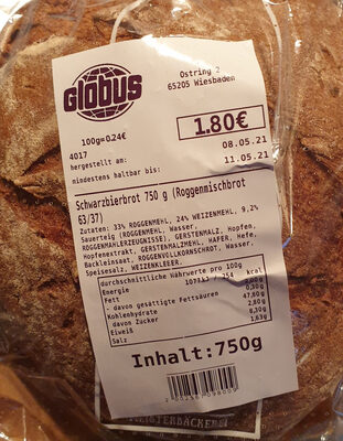 Schwarzbierbrot 750g (Roggenmischbrot 63/37)