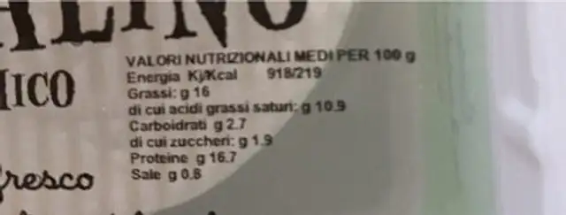 Primosalino nutrition facts table