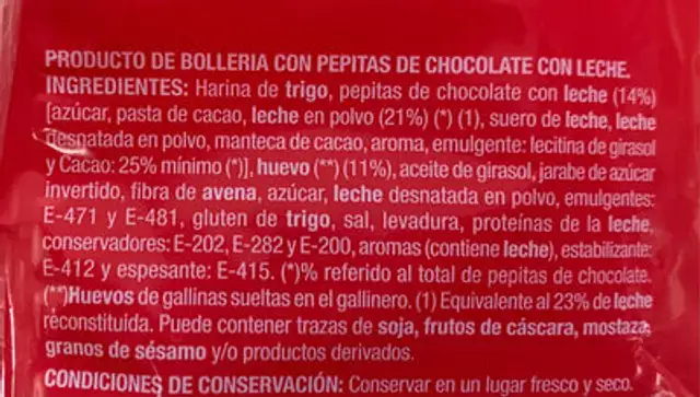 Bollitos con pepitas de chocolate con leche ingredients label