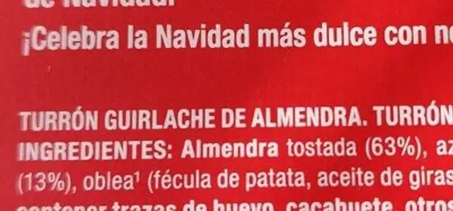 Turrón de Guirlache ingredients label
