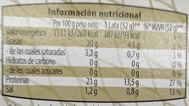 Atún Claro en Aceite de Oliva Virgen Extra nutrition facts table