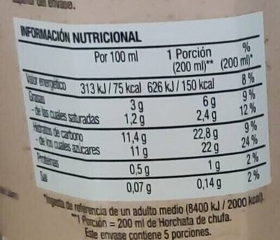 Horchata de chufa nutrition facts table