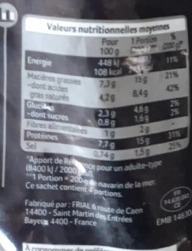 Navarin de la mer nutrition facts table