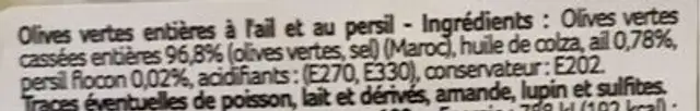 Olives vertes entières en persillade ingredients label