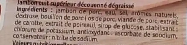 Jambon supérieur sans couenne ingredients label