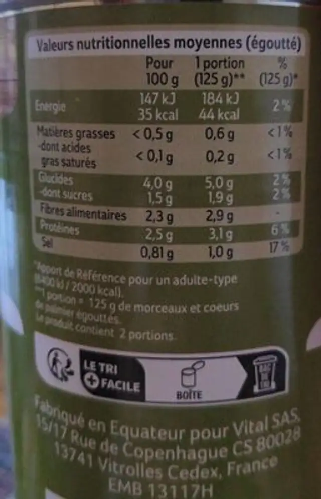 Mélange de morceaux de palmier nutrition facts table