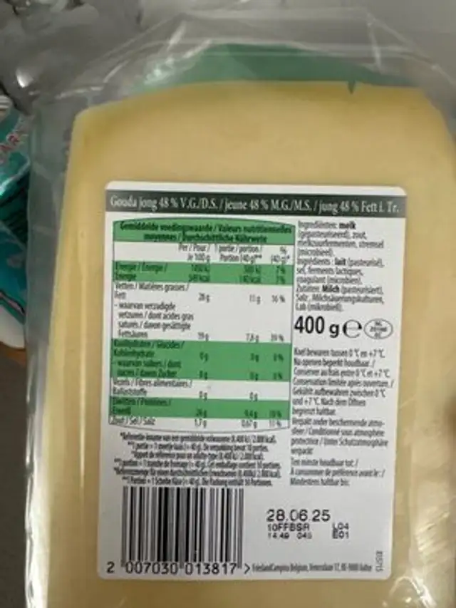 Gouda jeune nutrition facts table
