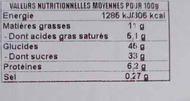 Éclairs cacao / café x 6 nutrition facts table